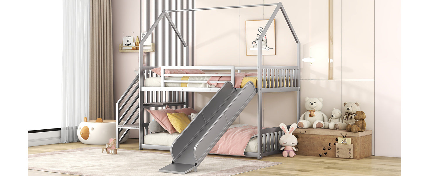 Twin over Twin Metal House Bunk Bed - Silver