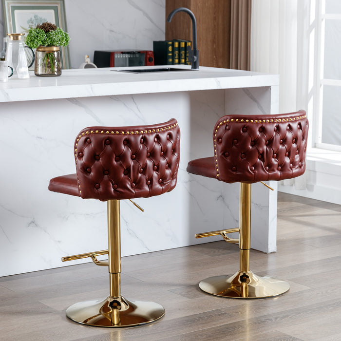 Modern PU Upholstered Bar Stools with whole Back Tufted - Burgundy (Set of 2）