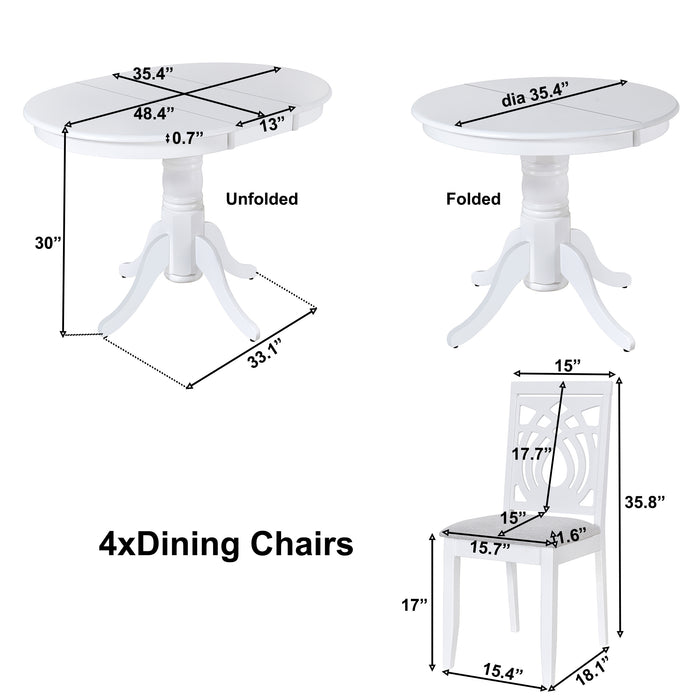 5-Piece Mid-Century Extendable Round Dining Table Set - White