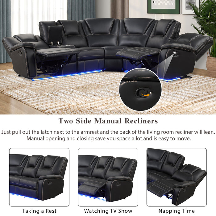 Modern Faux Leather Manual Reclining with Center Console & LED Light - Black