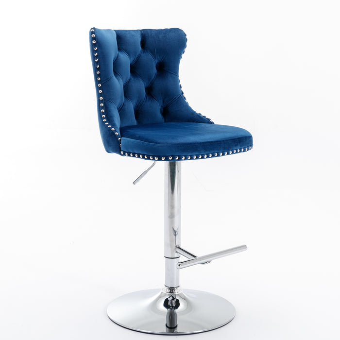 Swivel Velvet Barstools, Blue (Set of 2）