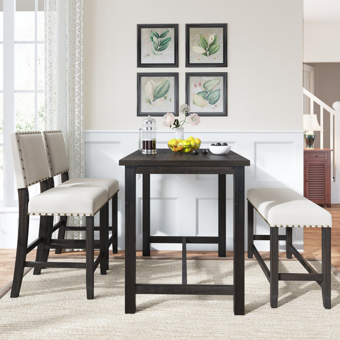 4- Piece Rustic Wooden Counter Height Dining Table Set - Espresso+ Beige