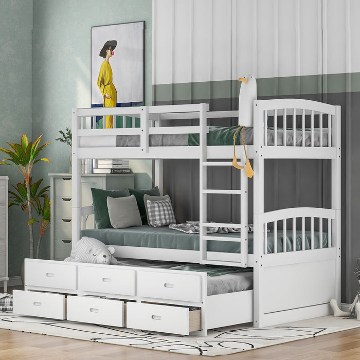 Twin over Twin Wood Bunk Bed with Trundle and Drawers - White