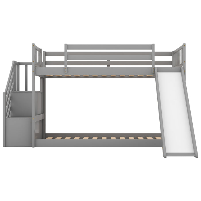 Twin over Twin Bunk Bed with Convertible Slide and Stairway - Gray