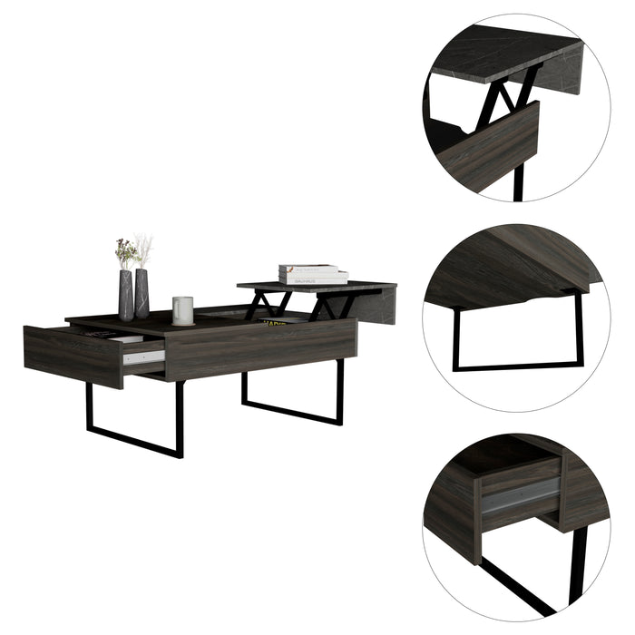 Modern Lift Top Coffee Table with Two Legs, One Drawer - Espresso / Onyx