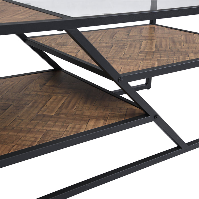 Black Coffee Table with Storage Shelf - Tempered Glass