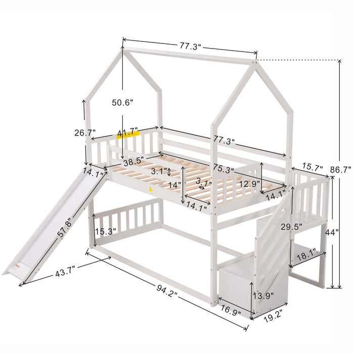 Twin over Twin House Bunk Bed with Convertible Slide, Storage Staircase -White