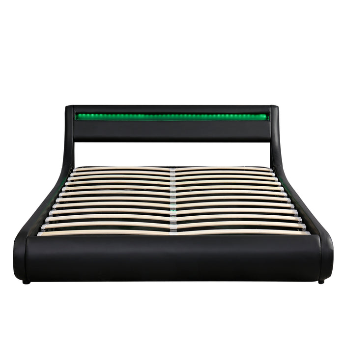 Queen Upholstered Faux Leather Storage Platform bed  with LED Light - Black