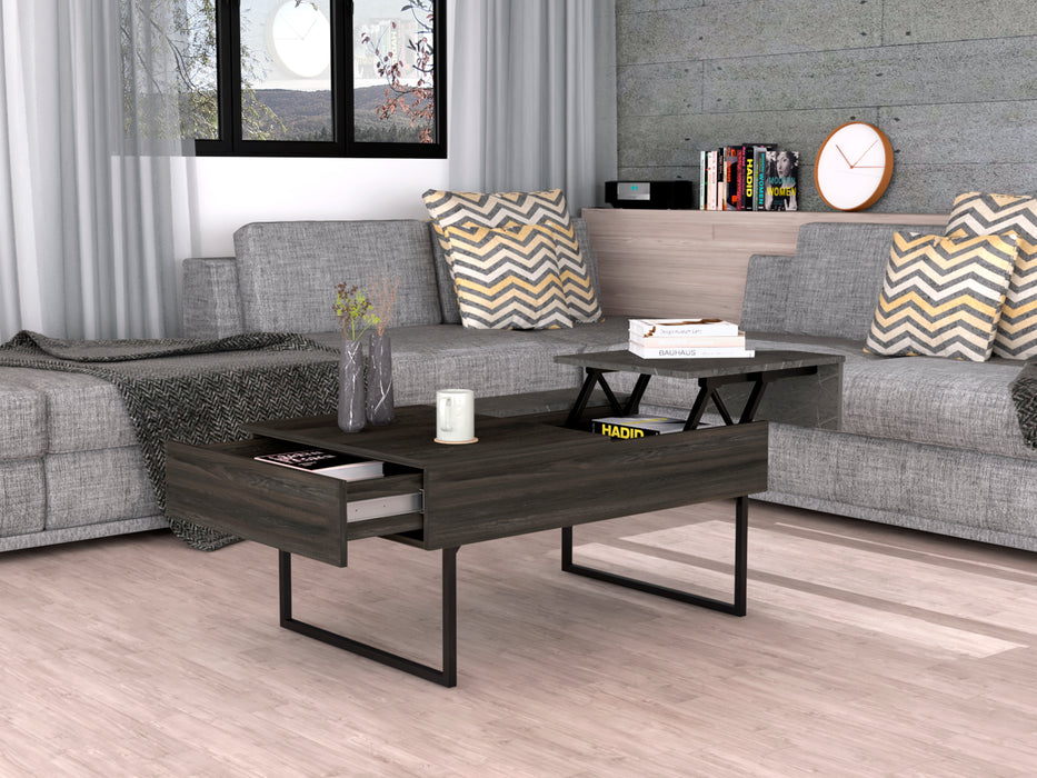 Modern Lift Top Coffee Table with Two Legs, One Drawer - Espresso / Onyx