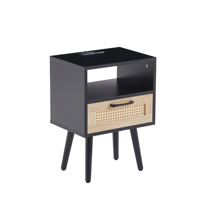 Rattan End table with Power Outlet  & USB Ports  -black