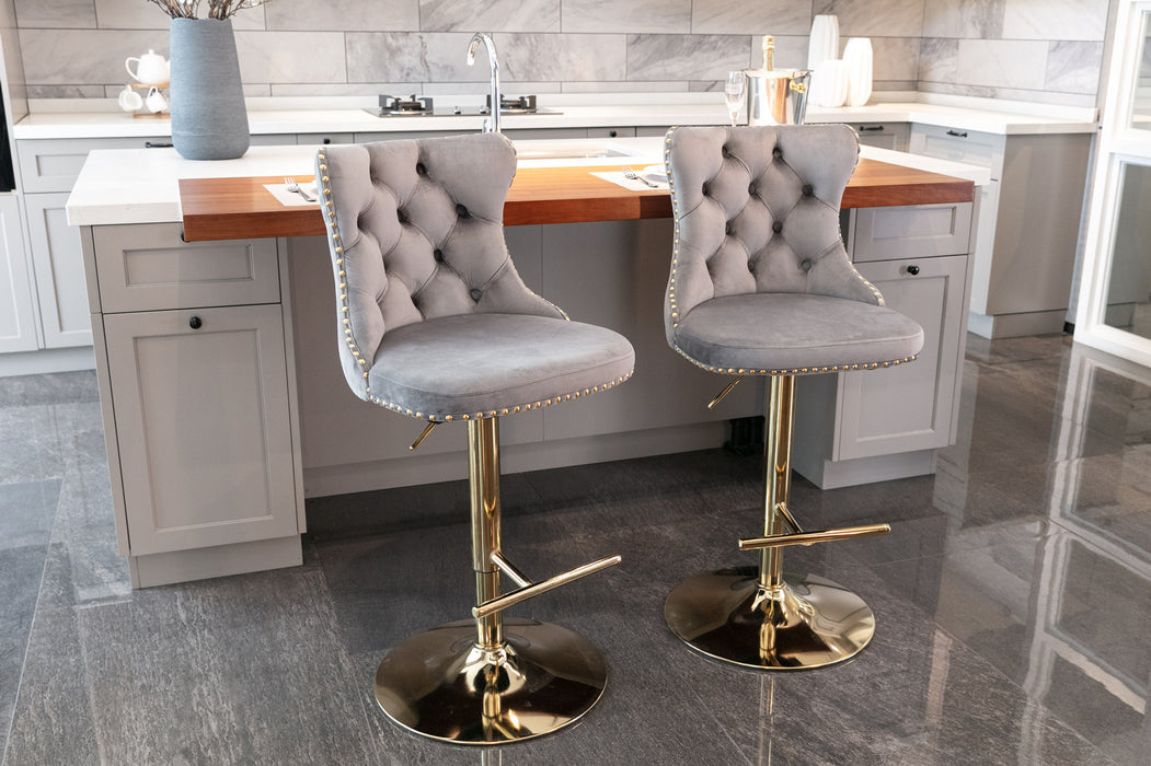 Golden Swivel Velvet Barstools , Gray (Set of 2）