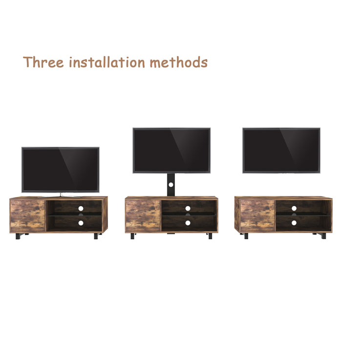 Rustic Brown TV Console with push-to-open Storage Cabinet for TV up to 65in -Wood & Glass