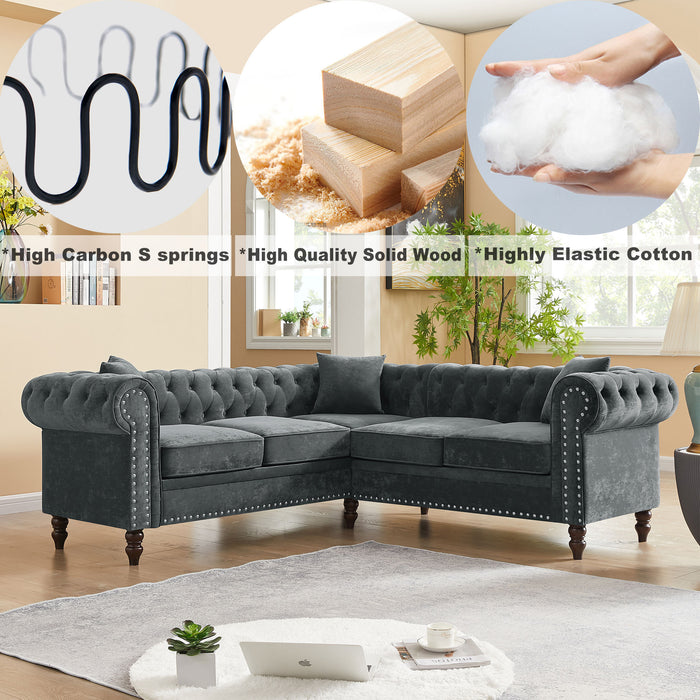 Luxury Classic Chesterfield L-shaped Sectional, Grey velvet