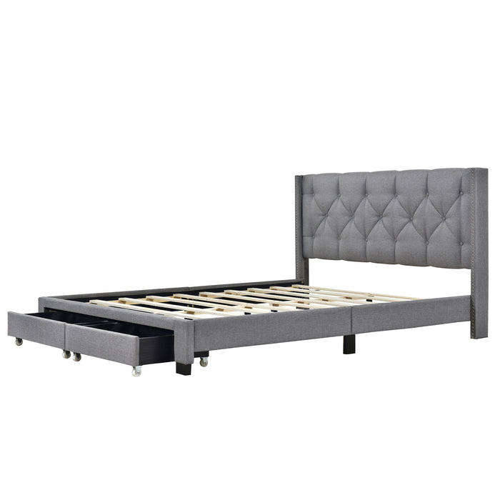 Queen Size Storage Bed Linen Upholstered Platform Bed with Two Drawers - Gray