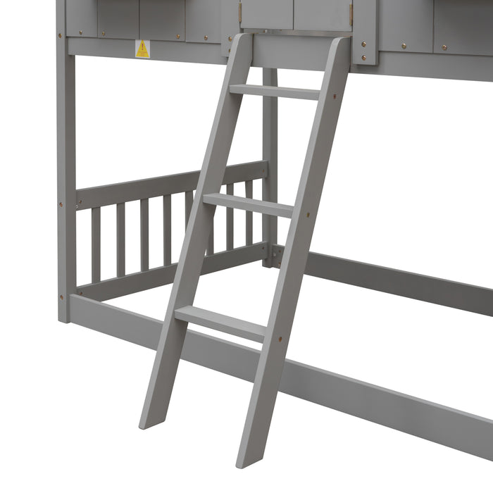 Twin over Twin House Bunk Bed with Roof & Windows - Grey