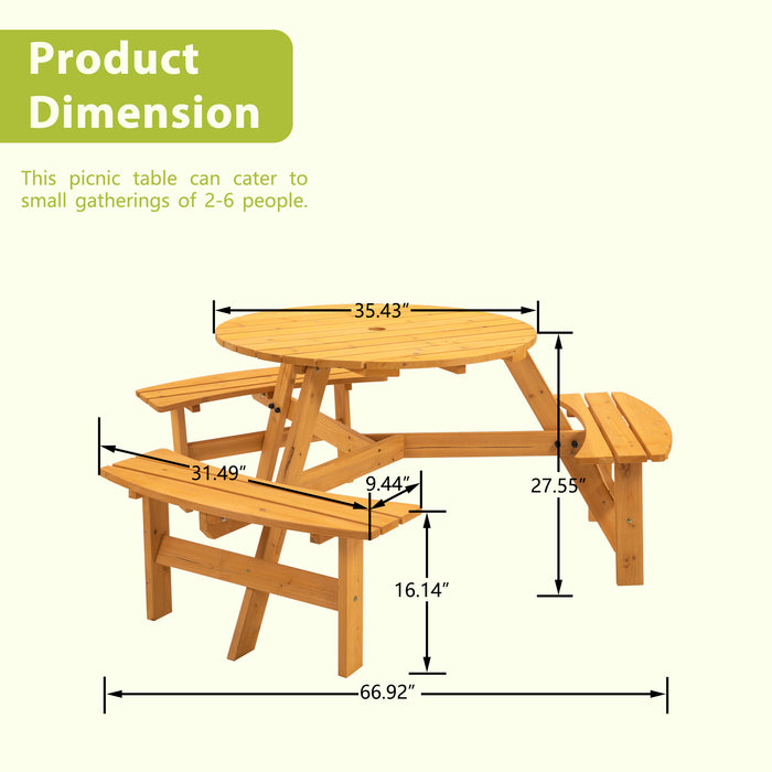 6-Person Circular Outdoor Wooden Picnic Table  - Natural