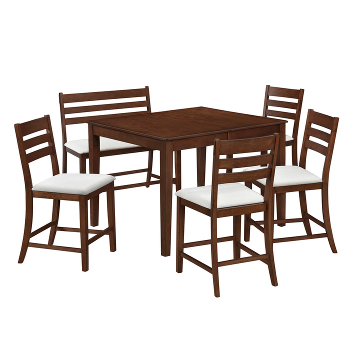 6-Piece Farmhouse Extendable Counter Height Dining Table Set - Brown Walnut + Beige