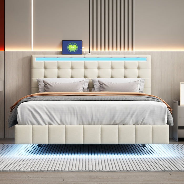 Queen Size Modern Upholstered Platform Floating Bed Frame with LED Lights and USB Charging - Beige