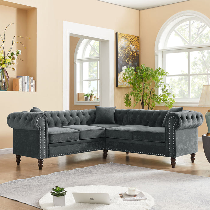 Luxury Classic Chesterfield L-shaped Sectional, Grey velvet