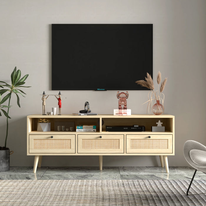 Rattan TV Stand with Solid Wood Feet - Natural