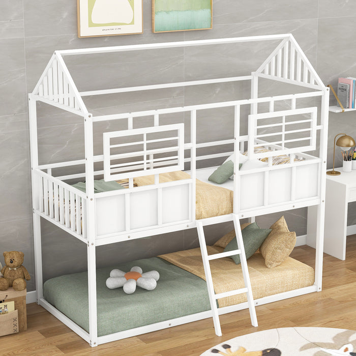 Twin over Twin Size Metal Low Bunk Beds with Roof and Fence-shaped Guardrail, White