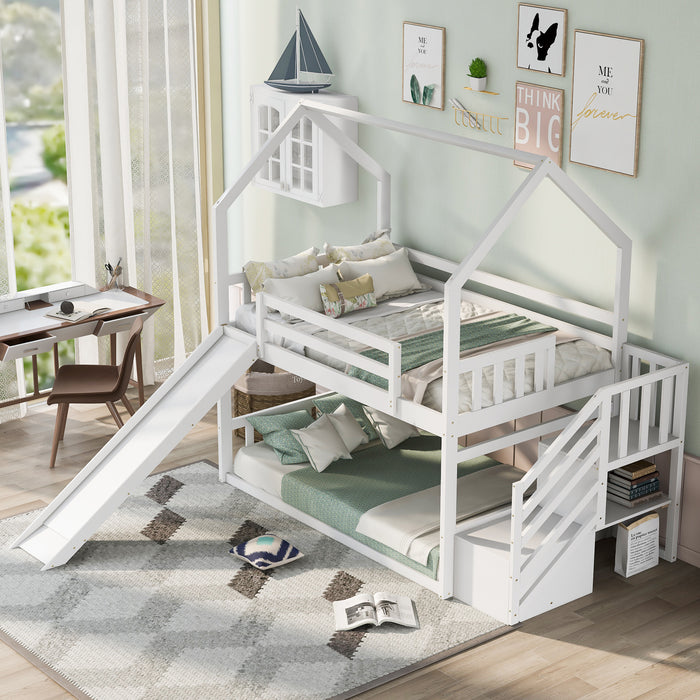 Twin over Twin House Bunk Bed with Convertible Slide, Storage Staircase -White