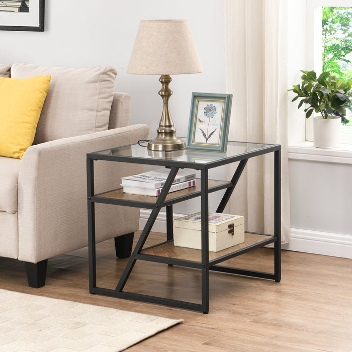 Black Side End Table with Storage Shelf, Tempered Glass