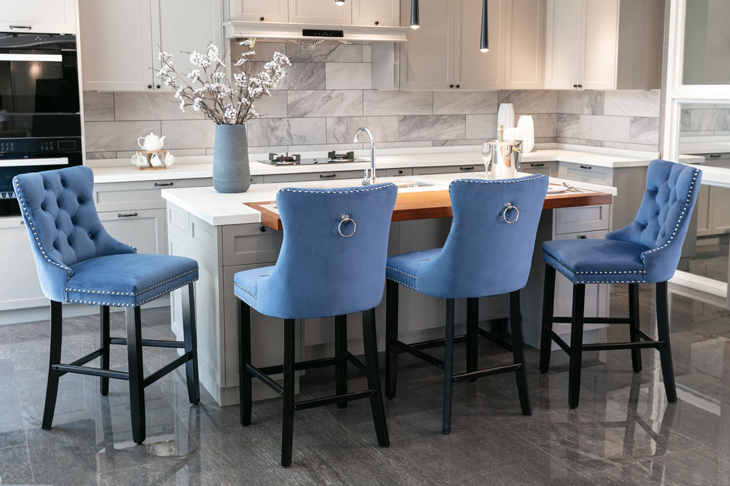 Contemporary Velvet Upholstered Barstools with  Tufted Button - Blue (Set of 2)