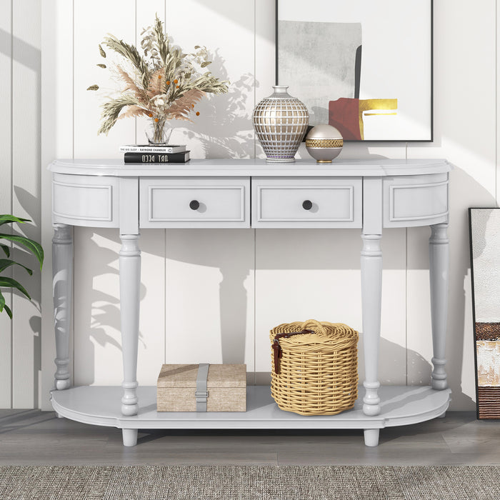 Retro Circular Curved Design Console Table with Open Style Shelf - Antique White