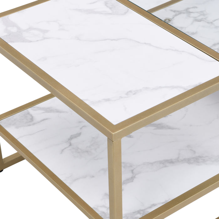 Modern Coffee Table with Storage Shelf and Tempered Glass for Living Room & Bedroom - Golden