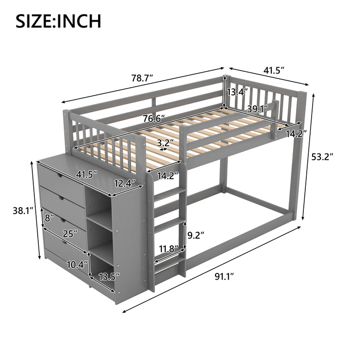 Twin over Twin Bunk Bed with Attached Cabinet and Shelves Storage - Gray