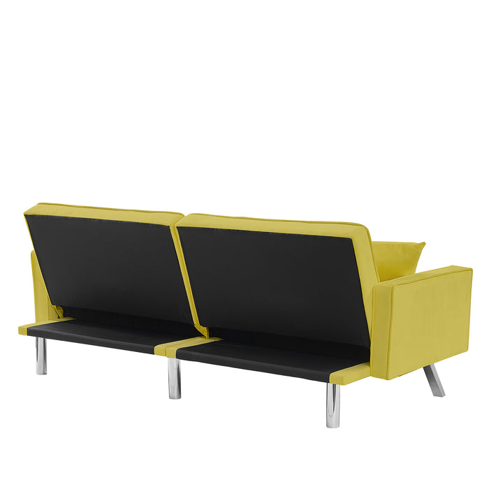 Modern Velvet Sofa Bed with Armrests and 2 Pillows - YELLOW