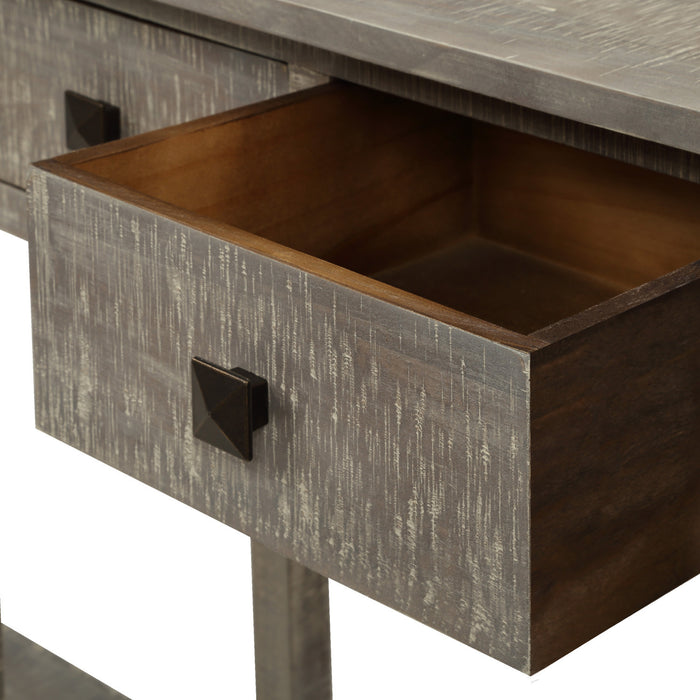 Rustic Brushed Texture Entryway Table Console Table with Drawers and Bottom Shelf for Living Room (Grey Wash)