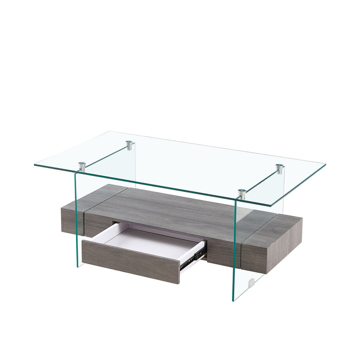 Tempered Glass Coffee table with Dual Shelves and Drawer - transparent/gray