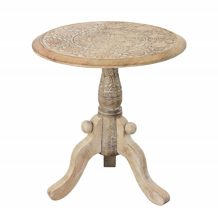 Intricately Carved Round Top Side End Table - Brown and White