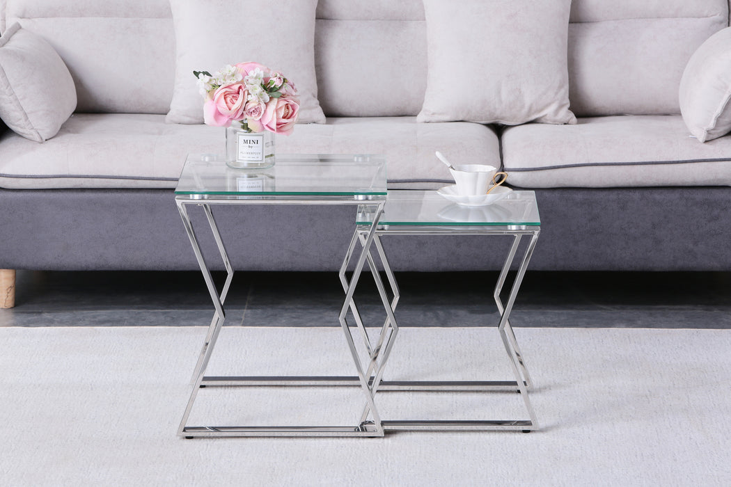 Modern Glass End Table  for Living Room 2 pc - Silver