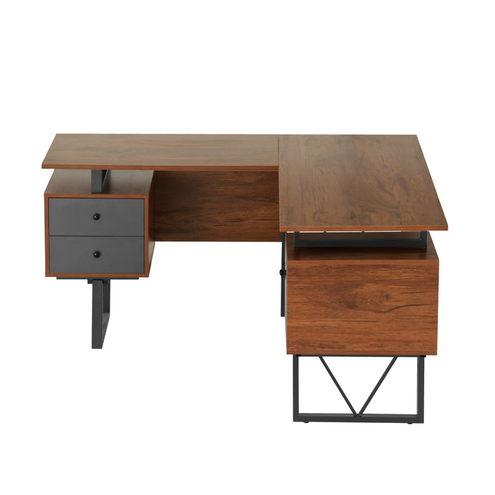 Reversible L-Shape Computer Desk with Drawers and File Cabinet, Walnut