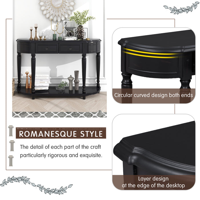 Retro Circular Curved Design Console Table with Open Style Shelf - Black