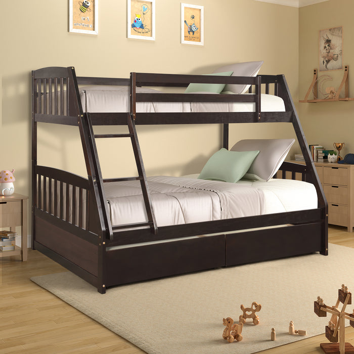 Solid Wood Twin Over Full Bunk Bed with Two Storage Drawers - Espresso