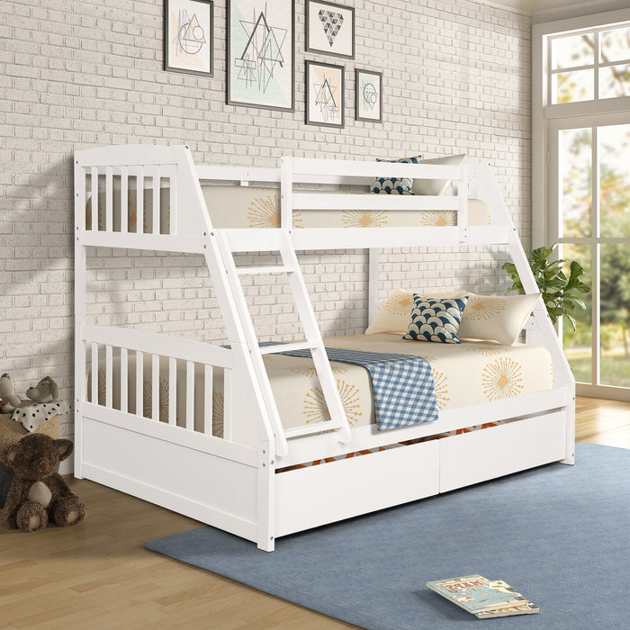 Solid Wood Twin Over Full Bunk Bed with Two Storage Drawers - White