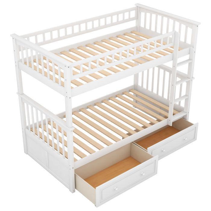 Twin over Twin Bunk Bed with Drawers, Convertible Beds, White