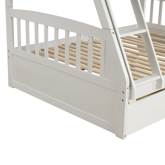 Solid Wood Twin Over Full Bunk Bed with Two Storage Drawers - White