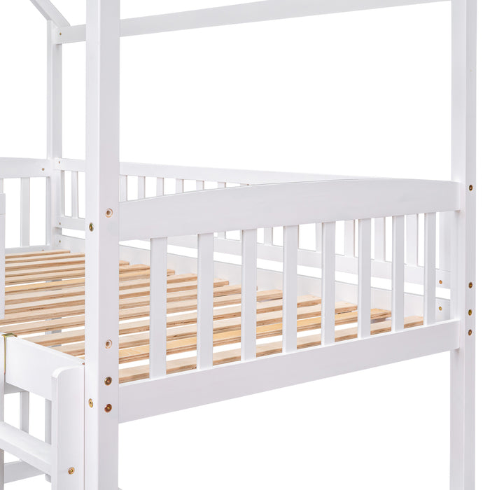 Twin Over Twin House Bunk Bed with Slide - White