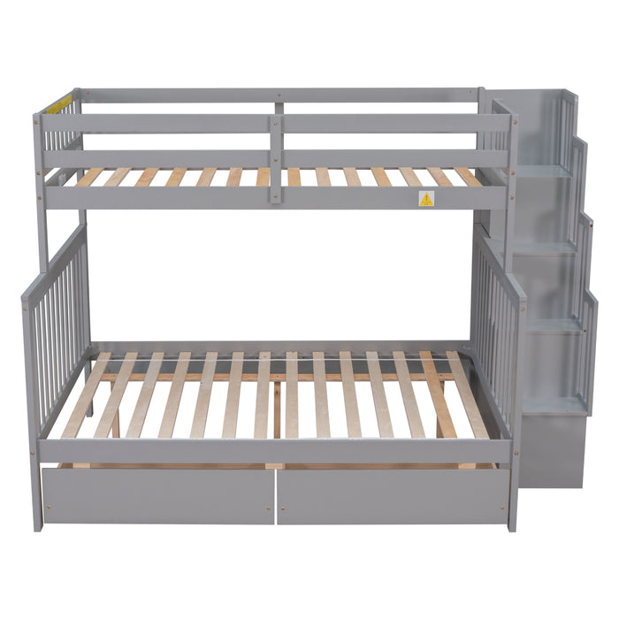 Twin Over Full Convertible Bunk Bed with 2 Drawers and Staircases - Grey