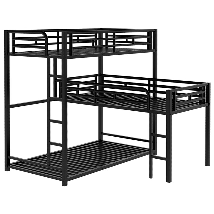 L-shaped Metal Triple Twin Size Bunk Bed - Black