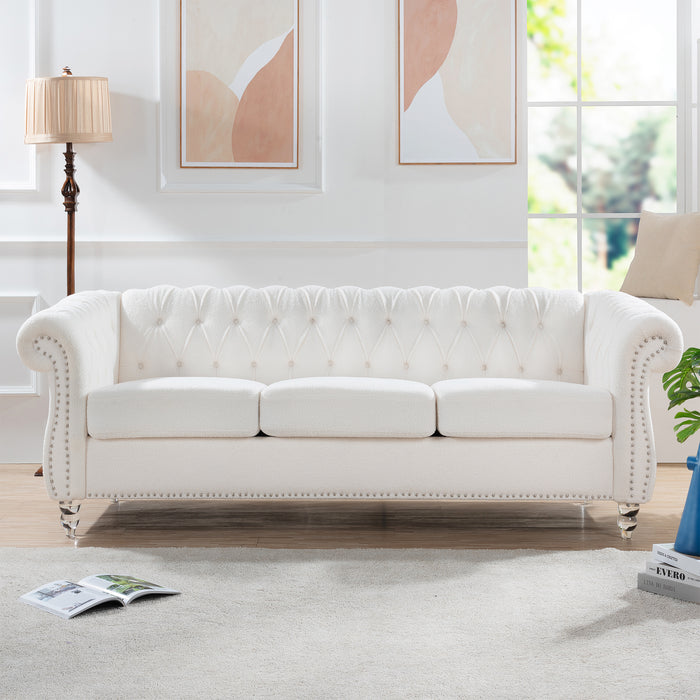 Rolled Arm Chesterfield 3 Seater Sofa - White