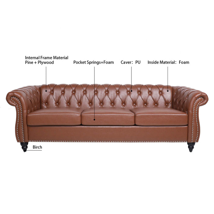 Rolled Arm Chesterfield 3 Seater Sofa - Brown