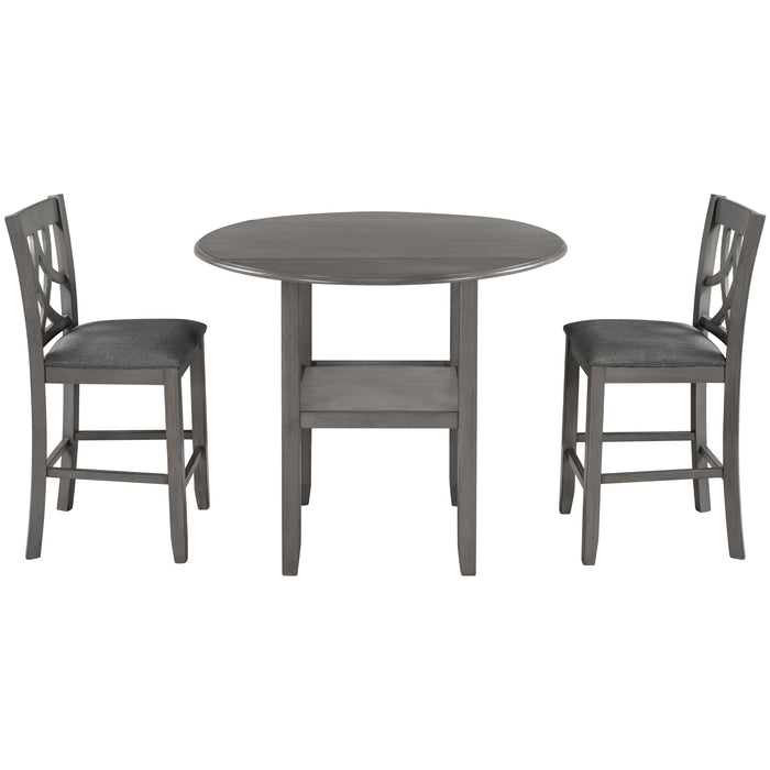 3-Piece Farmhouse Round Counter Height Kitchen Dining Table Set with Drop Leaf Table - Gray