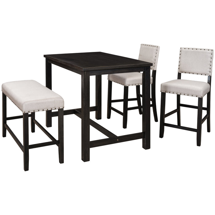 4- Piece Rustic Wooden Counter Height Dining Table Set - Espresso+ Beige