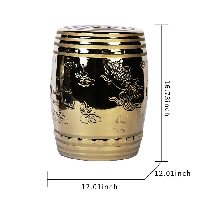 Modern End Table with Etched Asian Design - Gold